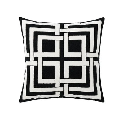 Black and white geometric embroidery cushion cover with bold interlocking square pattern for living room decorbites decor