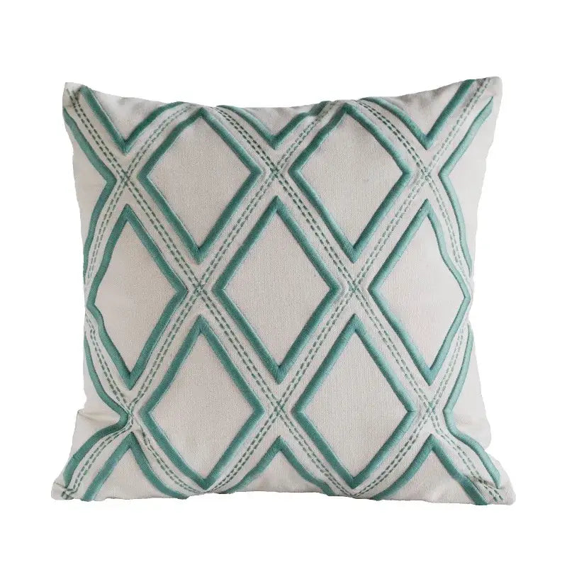 Square cushion cover with cream fabric base and teal geometric embroidery for decorbites living room decor