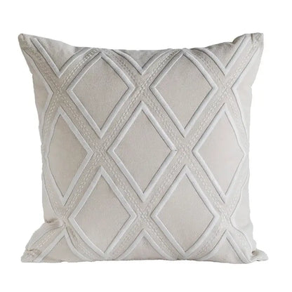 Beige geometric embroidery cushion cover with textured diamond pattern by decorbites for yellow and teal living room decor