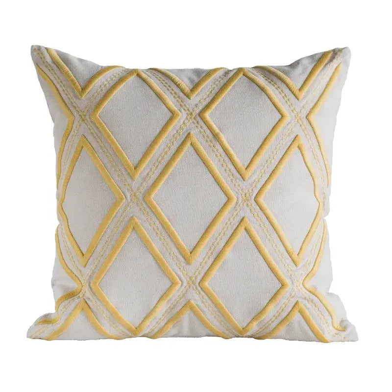 White cushion cover with soft yellow geometric embroidery diamond pattern for decorbites geometric embroidery decor