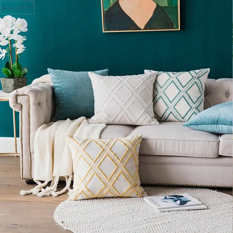 Cream-colored cushion cover with yellow textured diamond geometric embroidery for decorbites living room decor