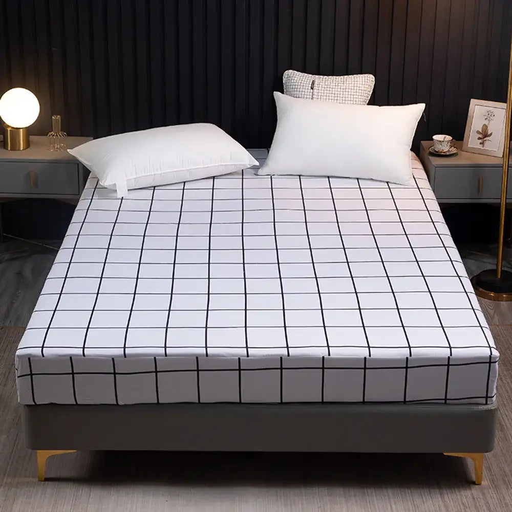 White sheet set with black grid geometric figure pattern from decorbites geometric figure collection for bedroom decor