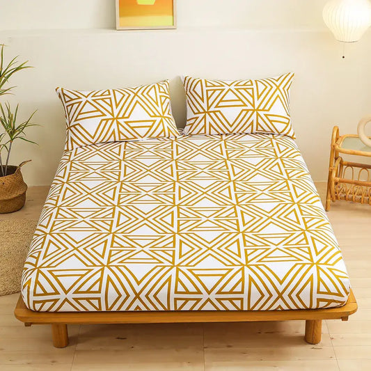 White sheet set with gold geometric figure lines and matching pillowcases for decorbites geometric figure bedding