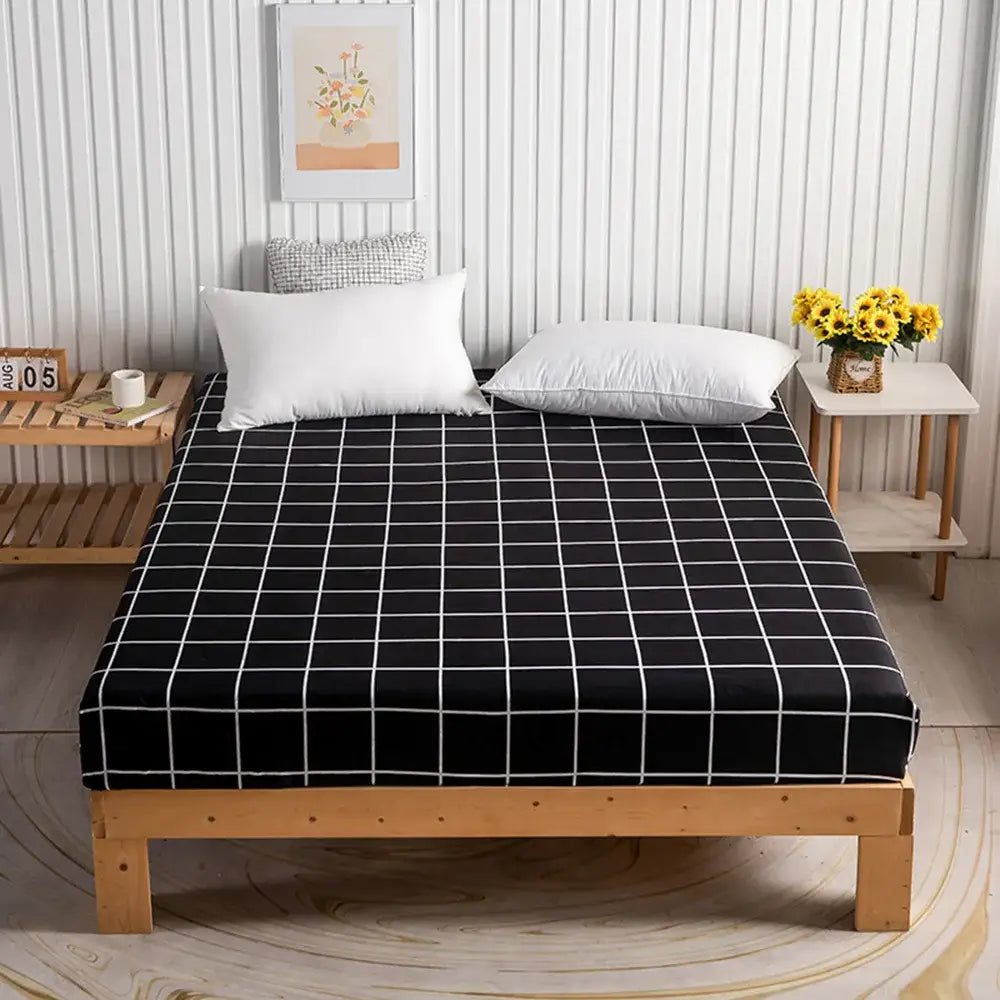 Black sheet set with white crisp grid pattern from decorbites geometric figure white and gold bedroom bedding collection