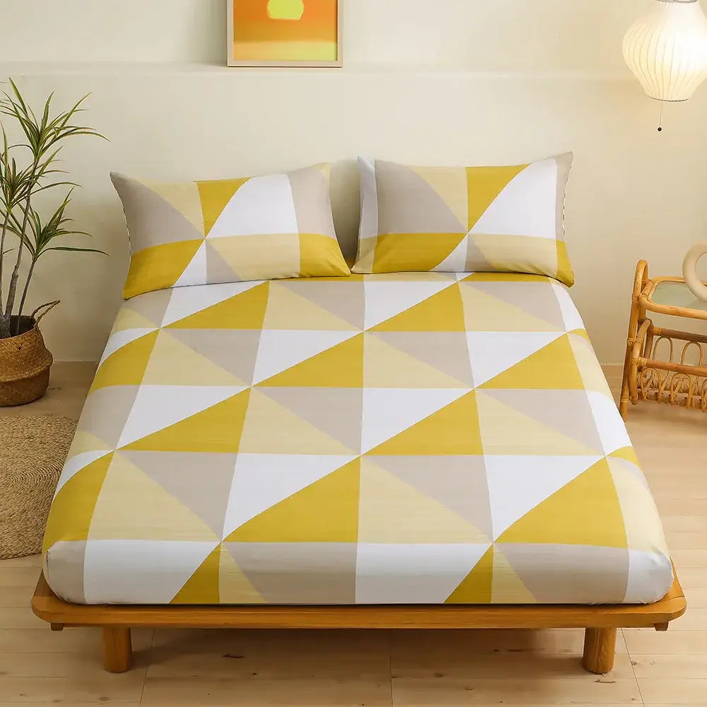 Yellow and white sheet set with modern geometric figure triangular pattern for bedroom decorbites geometric figure bedding