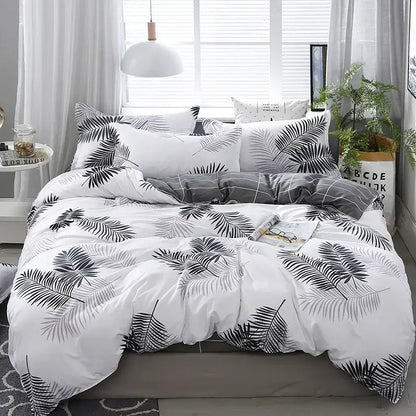 White duvet cover bedding set with black and gray tropical leaf patterns decorbites geometric floral design