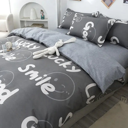 Gray duvet cover bedding set with white lucky smile text and smiley patterns for decorbites geometric floral bedding