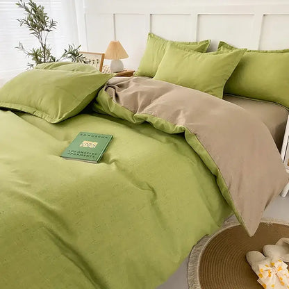 A soft two-toned green and beige linen duvet set with subtle texture for decorbites geometric floral bedding set