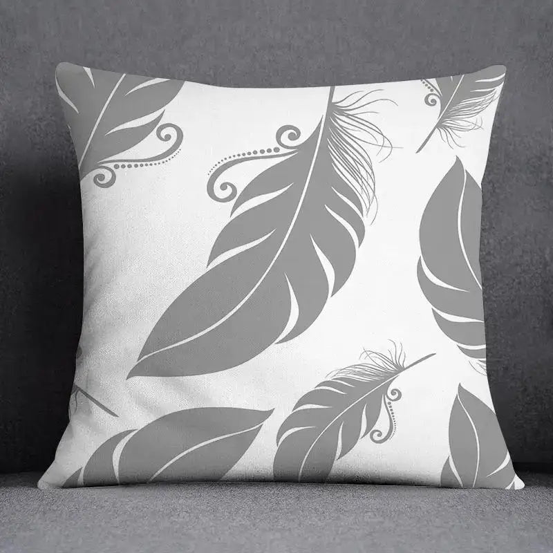 White throw pillow case with gray feather and decorative swirl pattern for decorbites geometric floral living room decor