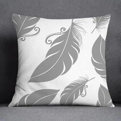 White throw pillow case with gray feather and decorative swirl pattern for decorbites geometric floral living room decor