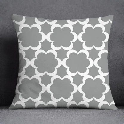 Gray throw pillow case with white geometric floral print quatrefoil pattern for living room decorbites decor
