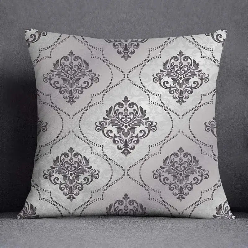 Square pillow case with elegant gray damask geometric floral print on light silver background for living room decorbites decor