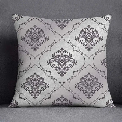 Square pillow case with elegant gray damask geometric floral print on light silver background for living room decorbites decor