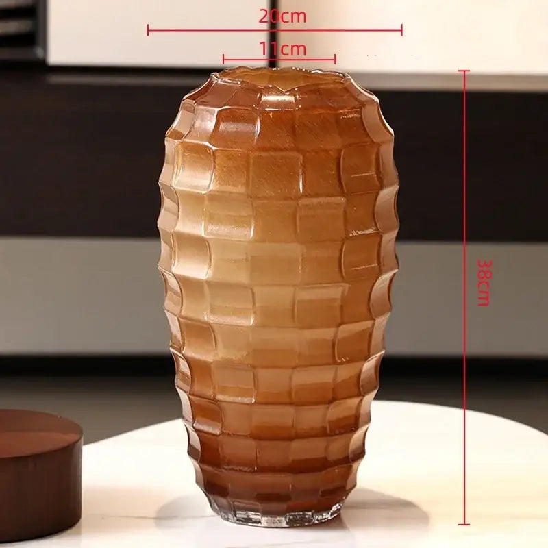 Tall amber frosted glass vase with geometric frosted glass textured pattern and slightly flared base for living room decor
