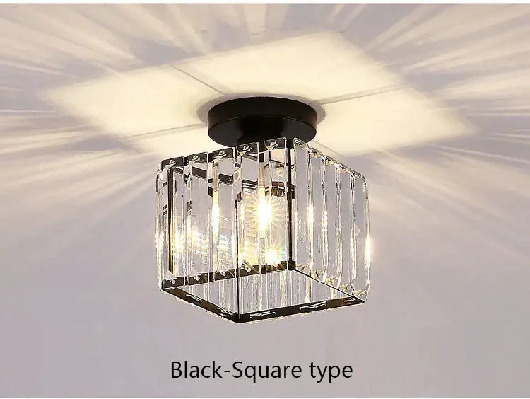 Geometric gold crystal led chandelier featuring a clear crystal square ceiling light with black metal base decorbites crystal led