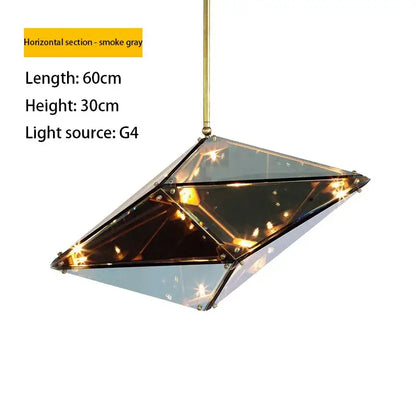 Geometric gold diamond glass led pendant lights with smoke gray glass and brass rod for dining room illumination