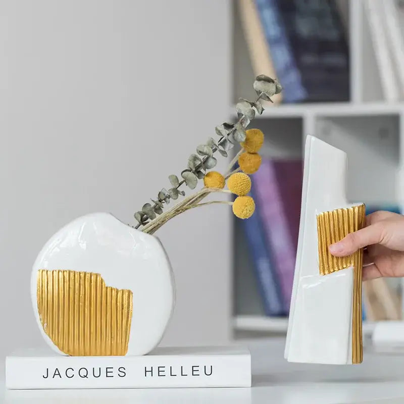 White ceramic vase with geometric gold striped vertical ribbed accent for living room hydroponics decor