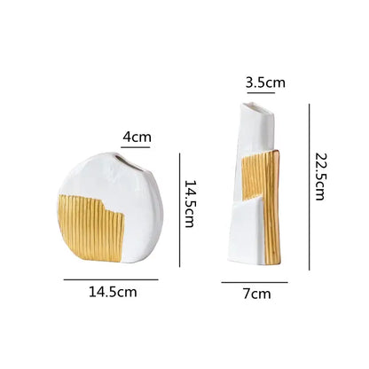 Two white ceramic vases with geometric gold striped detailing for living room hydroponics display