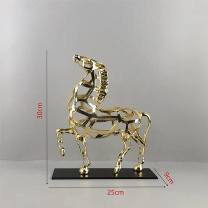 Geometric golden horse metal sculpture with abstract open-frame design for living room decorbites golden horse decor