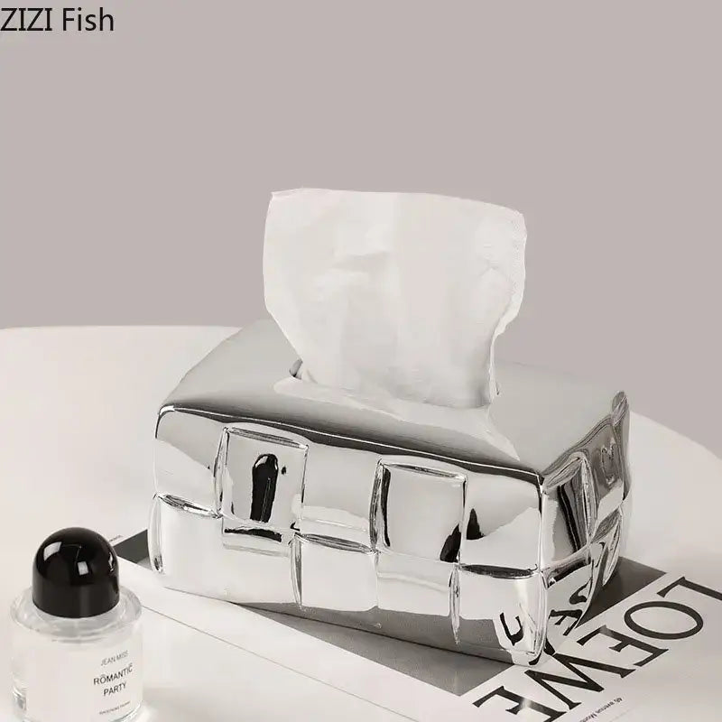 Shiny silver ceramic tissue box with quilted geometric grain silver check design for bedroom decorbites organizer