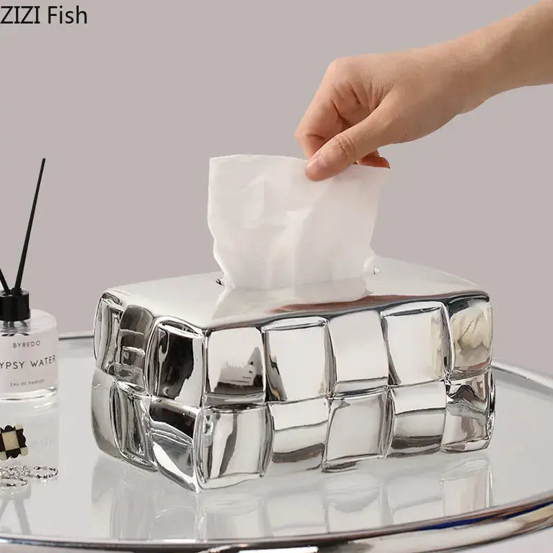Geometric grain silver ceramic tissue box with cube pattern and glossy finish for bedroom decorbites desktop organizer