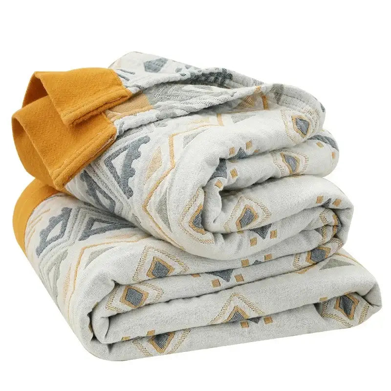 A cozy cotton gauze geometry summer throw blanket in gray and mustard with fleece lining for bedroom decorbites cotton gauze