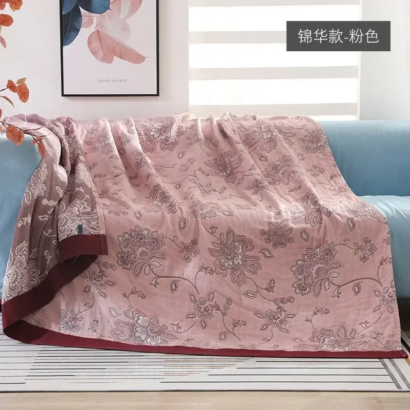 Pink floral-patterned cotton gauze geometry summer blanket with burgundy border and elegant embroidery by decorbites cotton gauze