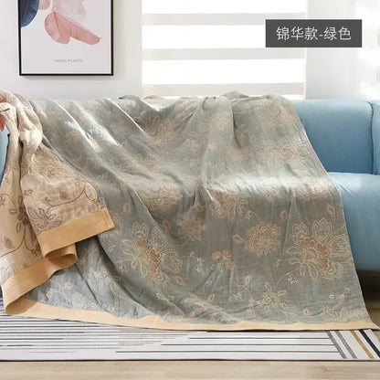 Elegant sage green quilted throw blanket with gold floral embroidery and cream border for decorbites cotton gauze geometry summer use