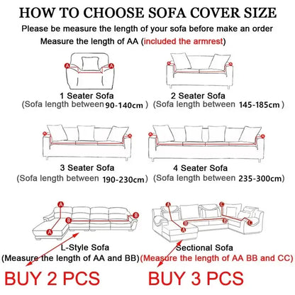 Instructional diagram for selecting geometric gray textured stretch sofa cover sizes with measurement guidelines