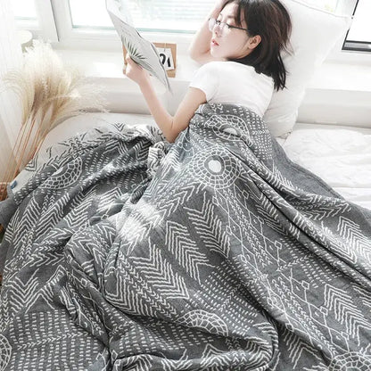 Gray and white geometric cotton gauze throw blanket soft textured decorbites cotton gauze bedspread