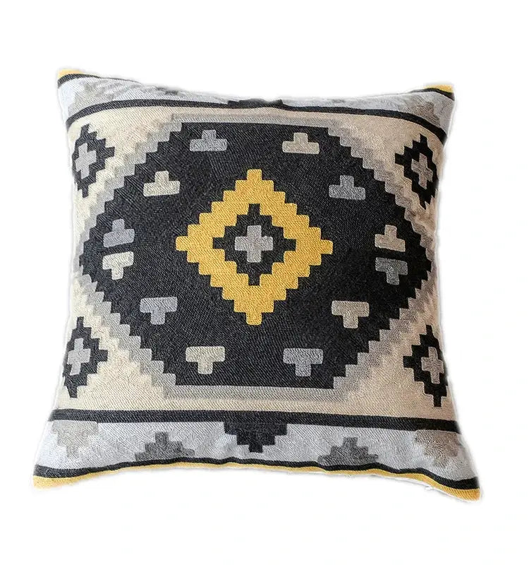 Square throw pillow cover with bold black beige gray and yellow geometric pattern grey embroidered cotton decorbites grey embroidered