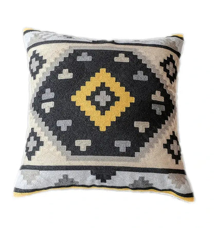 Square throw pillow cover with bold black beige gray and yellow geometric pattern grey embroidered cotton decorbites grey embroidered