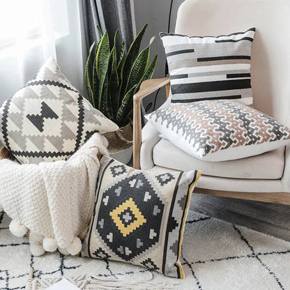 Beige and black geometric-patterned pillow cover with grey embroidered cotton design for living room decorbites decor