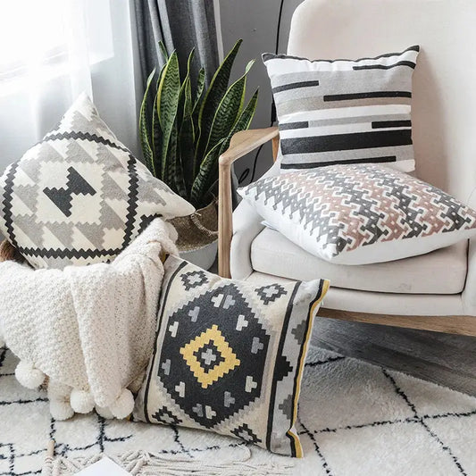 Beige and black geometric-patterned pillow cover with grey embroidered cotton design for living room decorbites decor