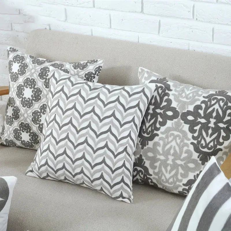 Set of three grey pink geometric cushion covers with chevron damask and striped patterns for living room decorbites decor