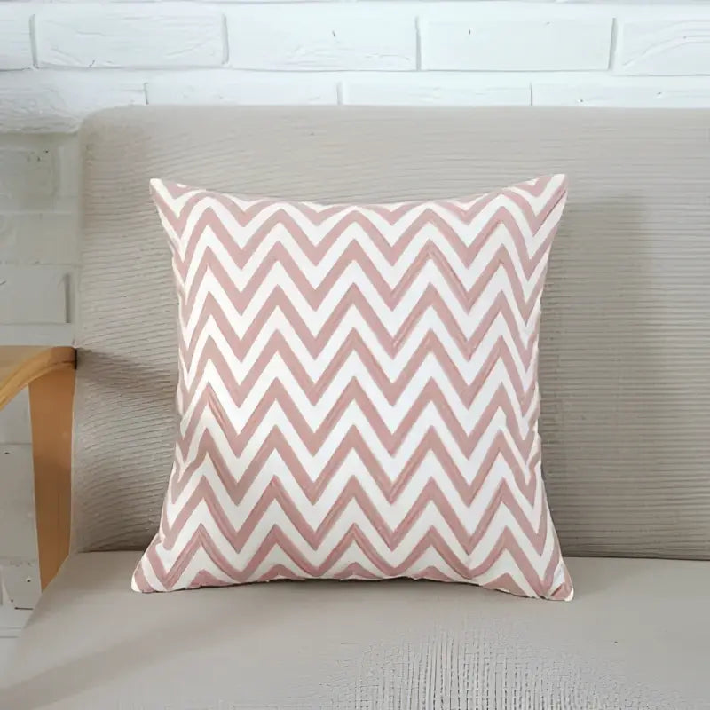 A square soft fabric cushion cover with pink and white zigzag pattern for decorbites grey pink geometric living room decor