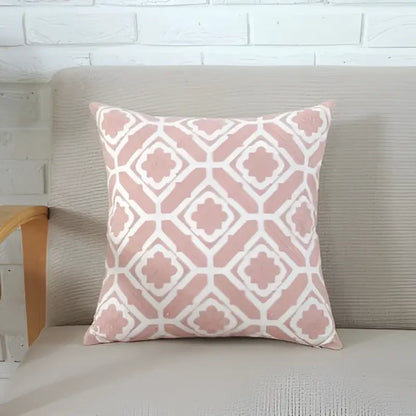 Pink and white geometric patterned cushion cover from decorbites grey pink collection for living room decor