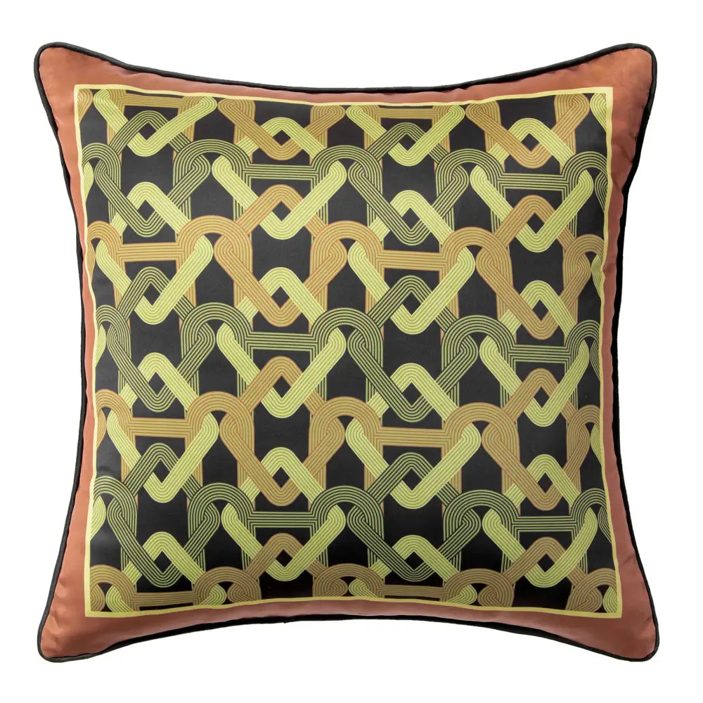 Square pillow cover with intricate gold and olive green geometric pattern, rust border for living room decorbites indigo blue white embroidered pillow