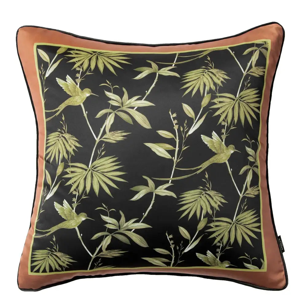Black silk pillow cover with olive green hummingbirds and rust border complementing decorbites indigo blue white embroidered pillow covers