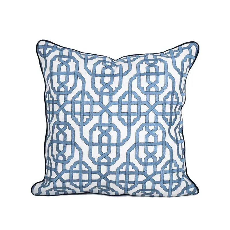 Square pillow cover with white base, intricate blue geometric embroidery, navy piping by decorbites indigo blue for living room decor