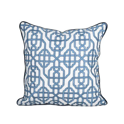 Square pillow cover with white base, intricate blue geometric embroidery, navy piping by decorbites indigo blue for living room decor