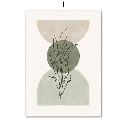 DecorBites™ abstract geometric leaves canvas wall art features a delicate line drawing on muted green and beige shapes