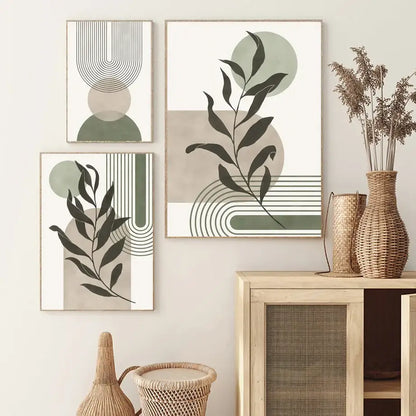 Three framed decorbites™ abstract geometric leaves canvas wall art prints with minimalist botanical designs in muted tones