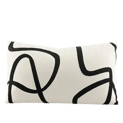 Cream-colored rectangular line embroidered pillowcase with bold black abstract art for living room decorbites geometric line