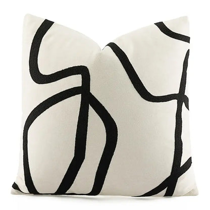 Cream-colored geometric line embroidered pillowcase with bold black abstract embroidery for living room decorbites decor