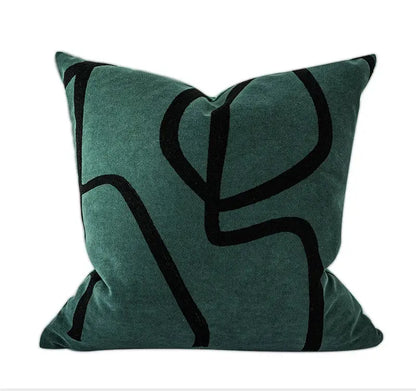 Emerald green velvet throw pillow with bold black abstract decorbites geometric line embroidered suede design for living room decor