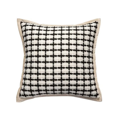 Square cushion with black and white houndstooth pattern in textured tweed fabric and beige border decorbites geometric line embroidered suede pillowcase