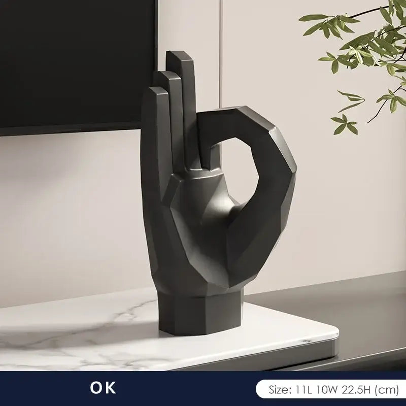 Black geometric ok hand sculpture in matte gray black for modern gesture art decor living room set