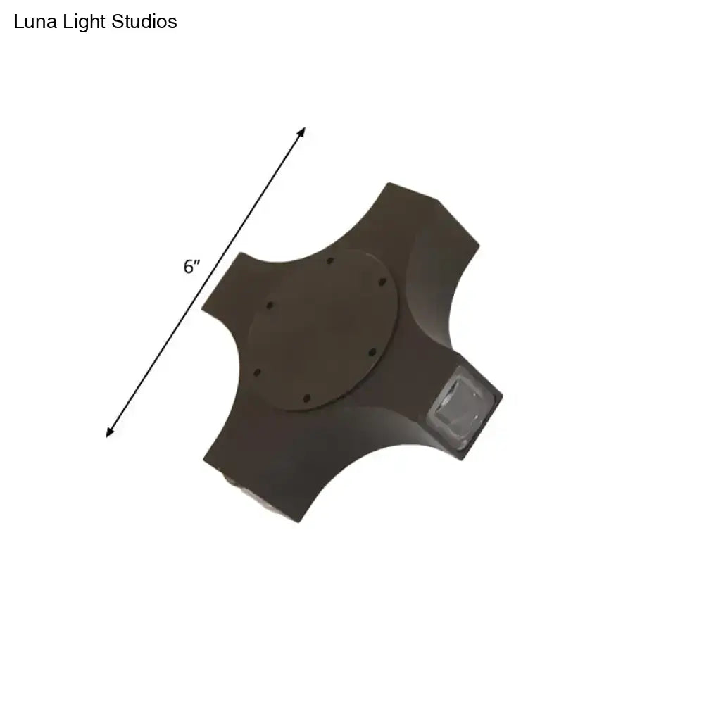 Dark brown 6-inch outdoor led wall sconce with geometric metallic shade and four-armed design for corridor lighting