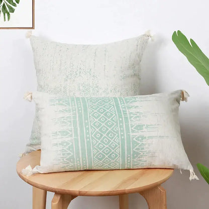 Rectangular mint green and off-white geometric mosaic cotton crochet tassel cushion cover for living room decorbites